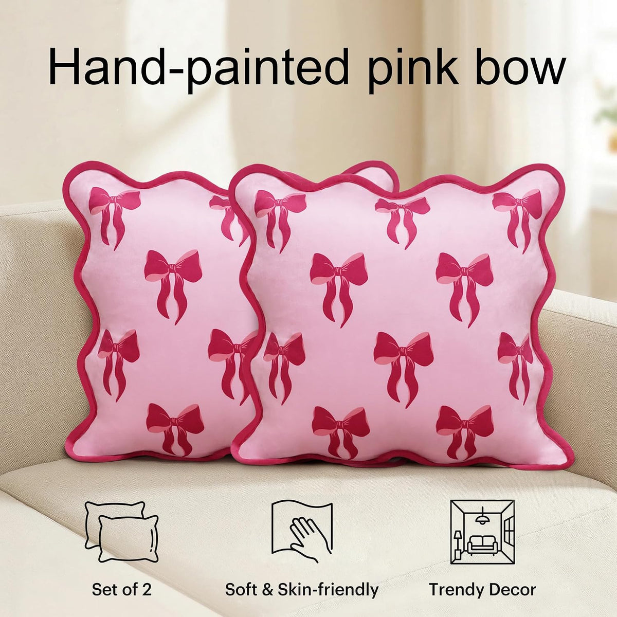Pack of 2 18x18 Inch Pink Bow Pillow Covers with Scalloped Edge