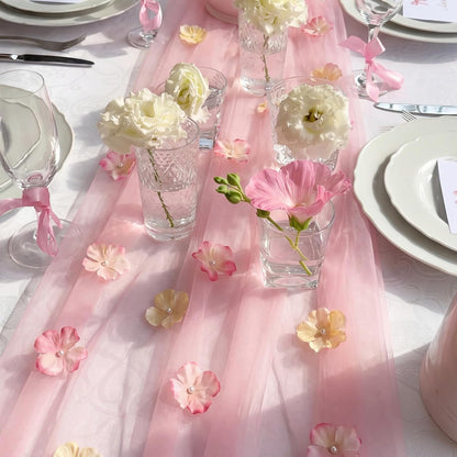 9.8 Ft Pink Floral Table Runner Embroidery Tulle Fabric for Wedding