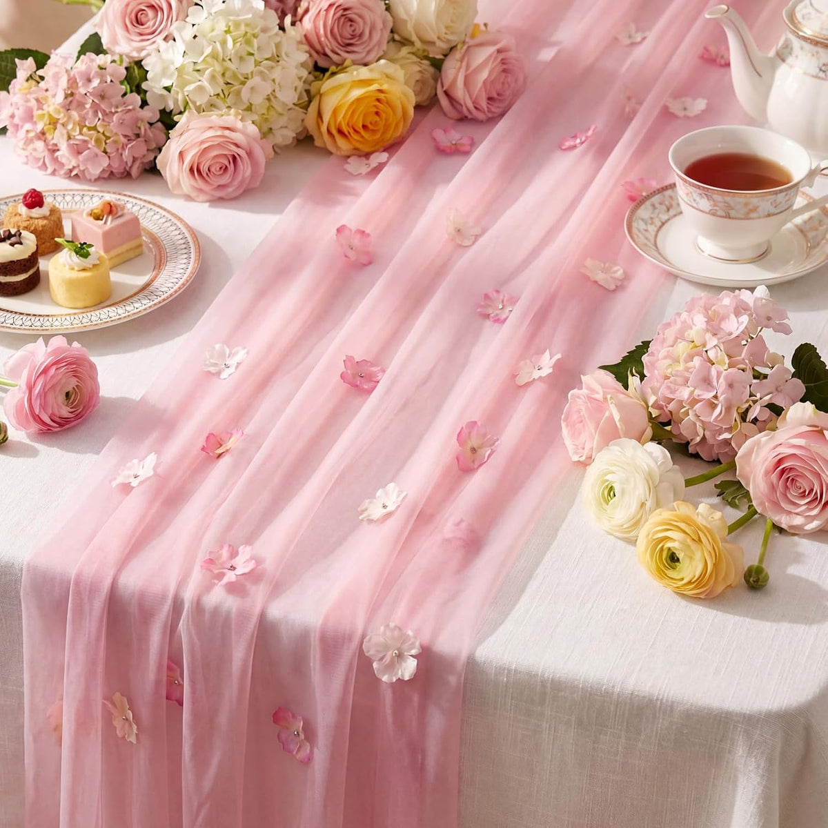 9.8 Ft Pink Floral Table Runner Embroidery Tulle Fabric for Wedding