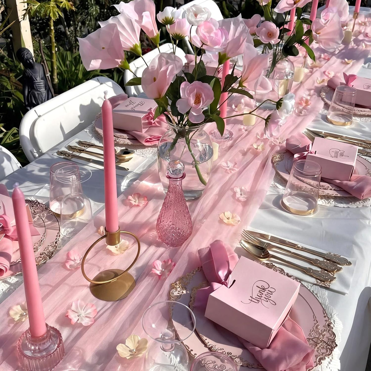 9.8 Ft Pink Floral Table Runner Embroidery Tulle Fabric for Wedding