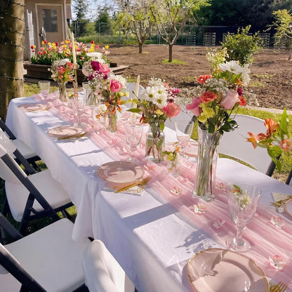 9.8 Ft Pink Floral Table Runner Embroidery Tulle Fabric for Wedding