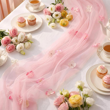 9.8 Ft Pink Floral Table Runner Embroidery Tulle Fabric for Wedding