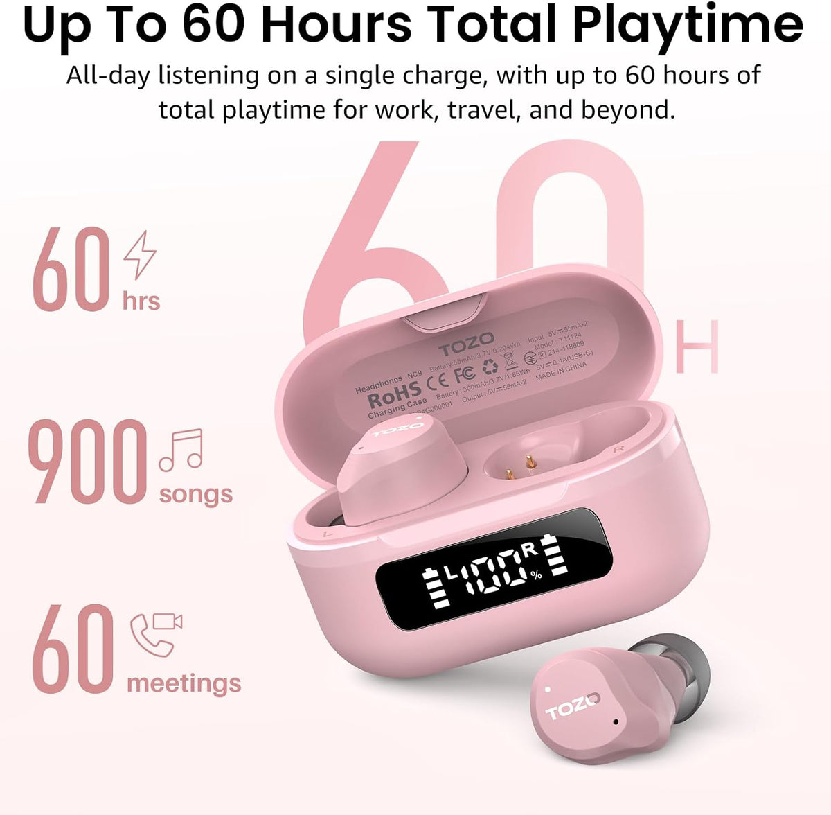 NC9 Hybrid Active Noise Cancelling Wireless Earbuds, 60H, LED Display