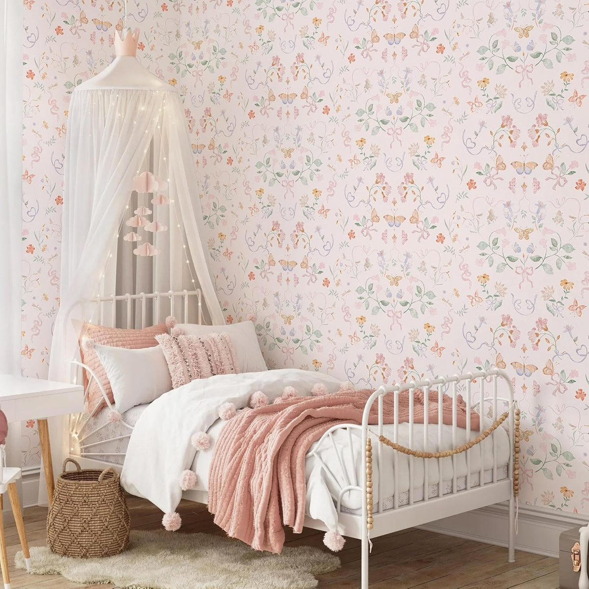 Pink Wallpaper Peel and Stick Floral Wallpaper 17.3in x 32.8ft Green Leaf Contact Paper Vintage French Butterfly Wall Paper for Bedroom Kitchen Nursery Girls Room Removable Vinyl