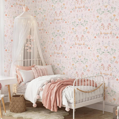 Pink Wallpaper Peel and Stick Floral Wallpaper 17.3in x 32.8ft Green Leaf Contact Paper Vintage French Butterfly Wall Paper for Bedroom Kitchen Nursery Girls Room Removable Vinyl