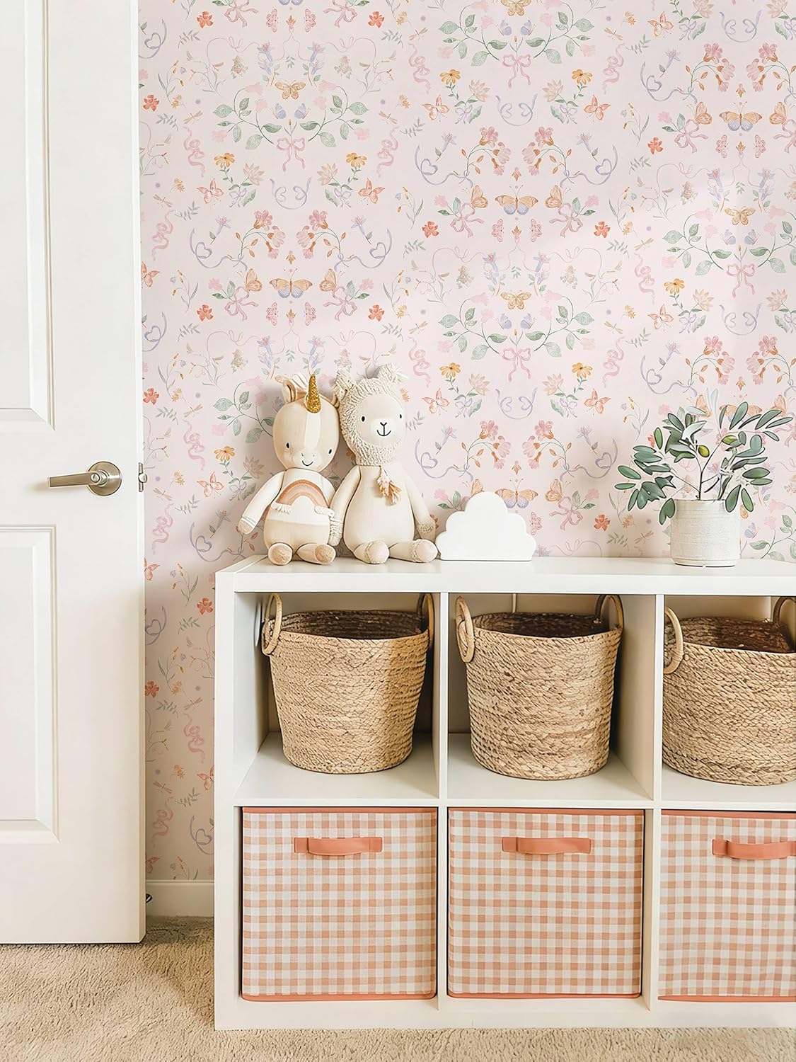 Pink Wallpaper Peel and Stick Floral Wallpaper 17.3in x 32.8ft Green Leaf Contact Paper Vintage French Butterfly Wall Paper for Bedroom Kitchen Nursery Girls Room Removable Vinyl