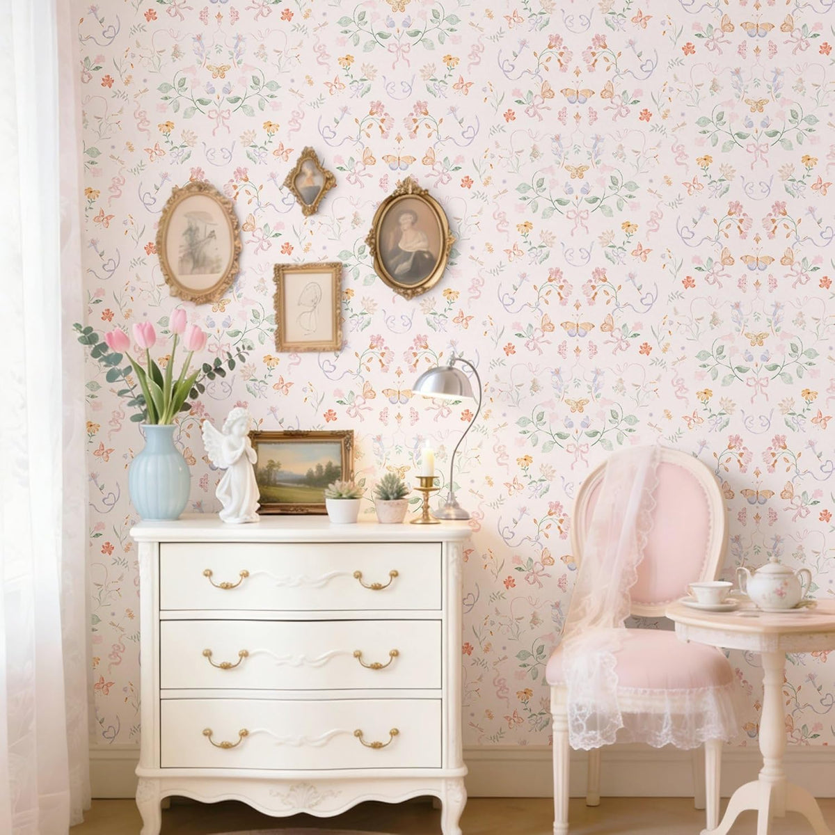 Pink Wallpaper Peel and Stick Floral Wallpaper 17.3in x 32.8ft Green Leaf Contact Paper Vintage French Butterfly Wall Paper for Bedroom Kitchen Nursery Girls Room Removable Vinyl