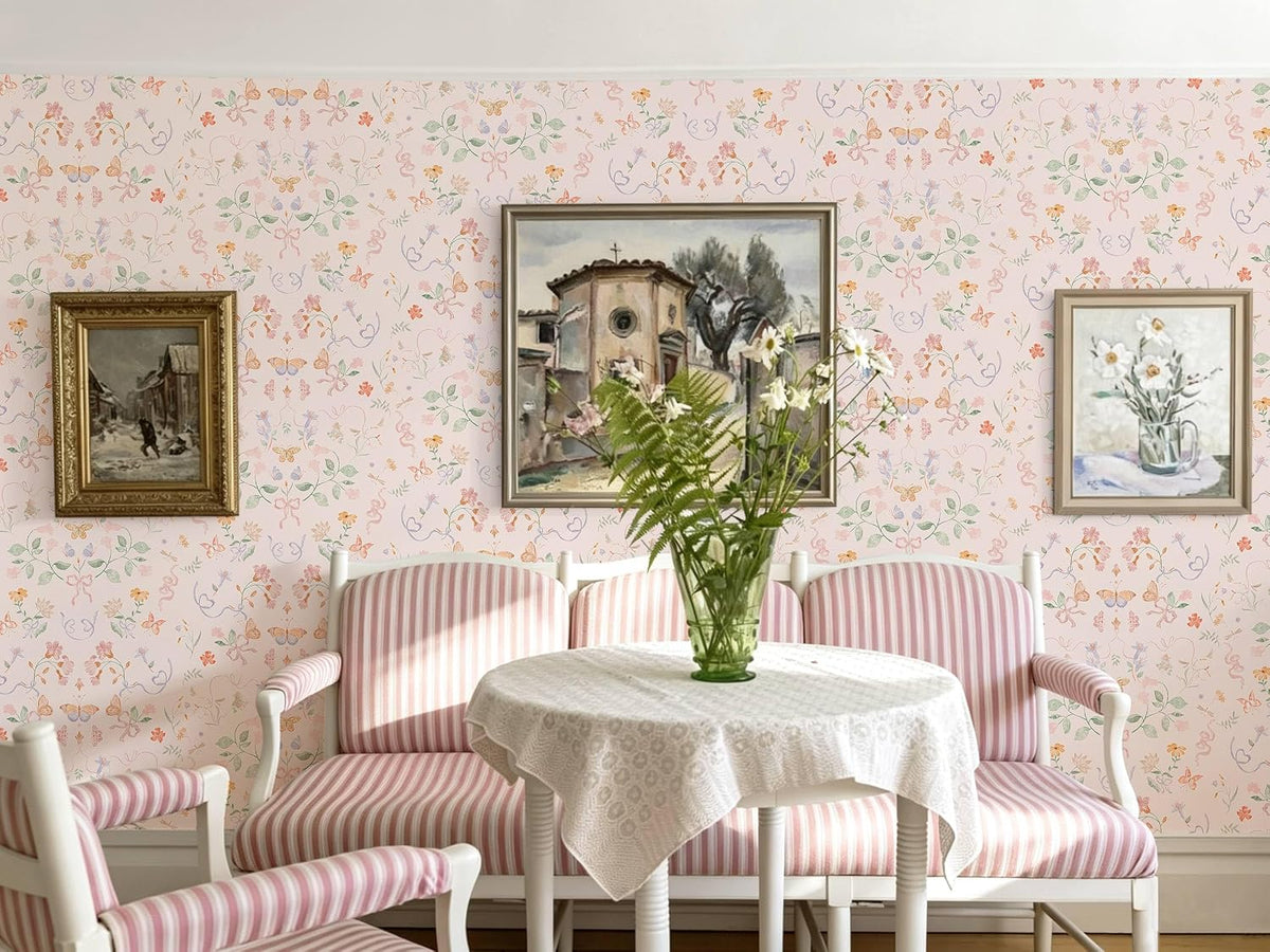 Pink Wallpaper Peel and Stick Floral Wallpaper 17.3in x 32.8ft Green Leaf Contact Paper Vintage French Butterfly Wall Paper for Bedroom Kitchen Nursery Girls Room Removable Vinyl