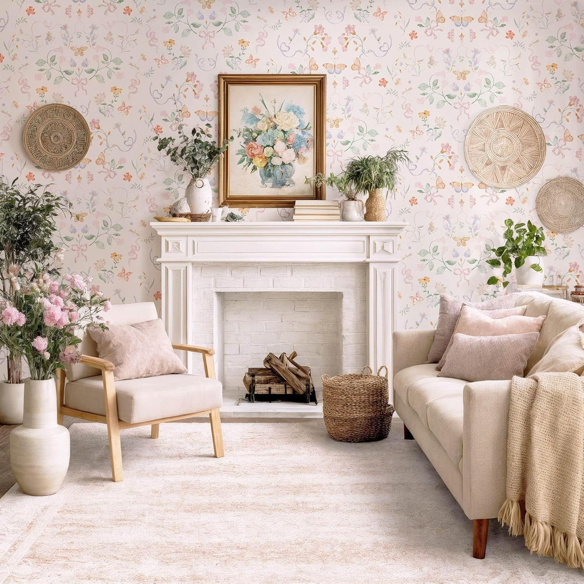 Pink Wallpaper Peel and Stick Floral Wallpaper 17.3in x 32.8ft Green Leaf Contact Paper Vintage French Butterfly Wall Paper for Bedroom Kitchen Nursery Girls Room Removable Vinyl