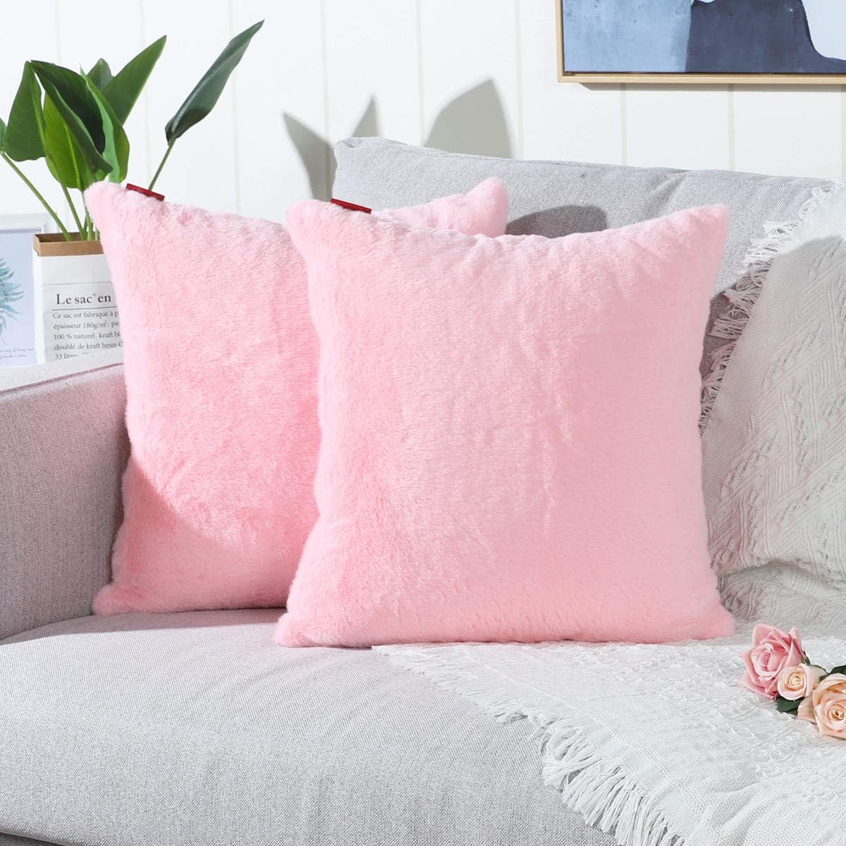 Pack of 2 Pink Faux Fur Fuzzy Cozy Soft Decorative Throw Pillow Covers Set Cushion Cases Pillowcases for Sofa Bedroom Car 18x18 Inches