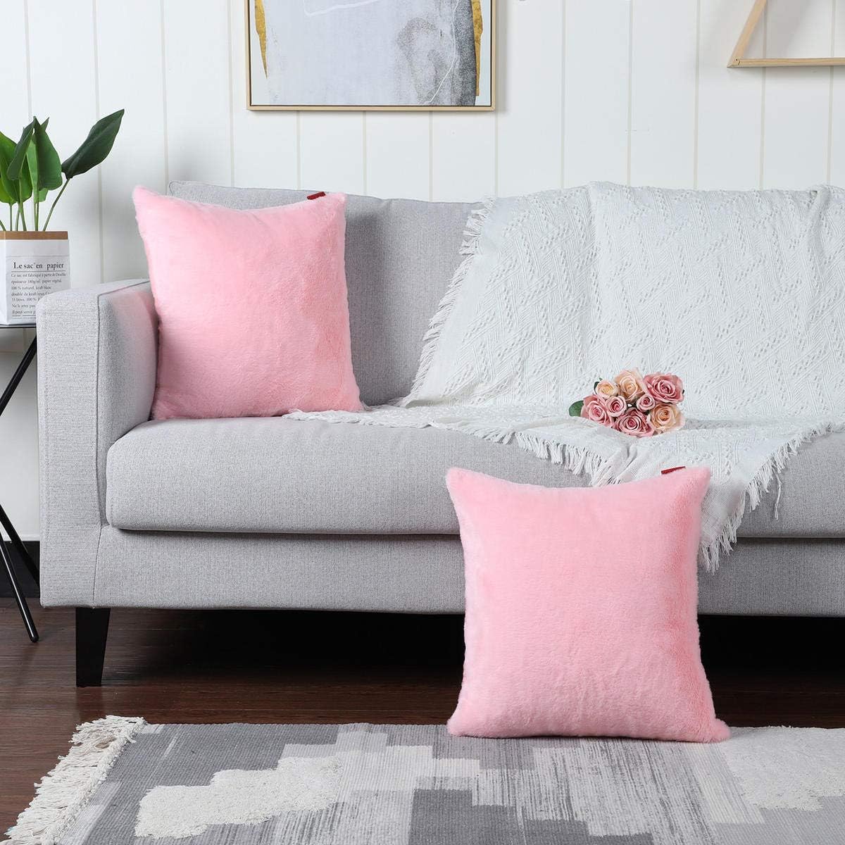 Pack of 2 Pink Faux Fur Fuzzy Cozy Soft Decorative Throw Pillow Covers Set Cushion Cases Pillowcases for Sofa Bedroom Car 18x18 Inches