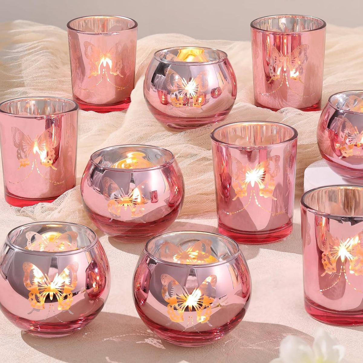 12 Pcs Pink Combination Tea Lights Candle Holder Set Decorative