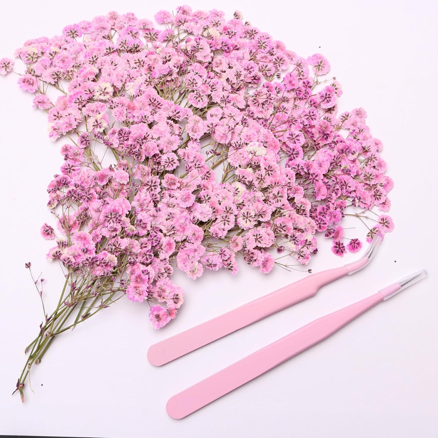 Pink 70 Pcs Small Dried Babys Breath Flowers for Resin ,Real Dried Babys Breath Pressed Flower for Wedding Invitations Wax Seals ,Dry Flat Baby's Breath Flower with 2 Tweezers.
