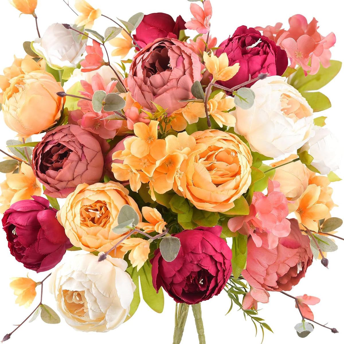Peach, Coral, Cream & Burgundy Artificial Peony Set of 2