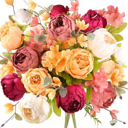 Peach, Coral, Cream & Burgundy Artificial Peony Set of 2