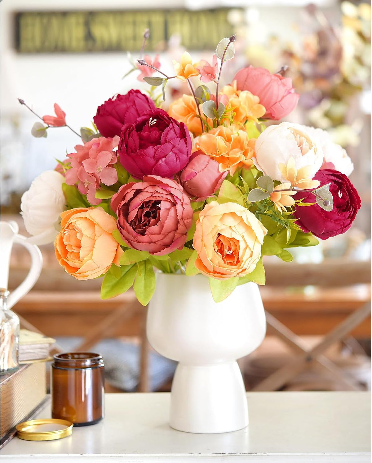 Peach, Coral, Cream & Burgundy Artificial Peony Set of 2