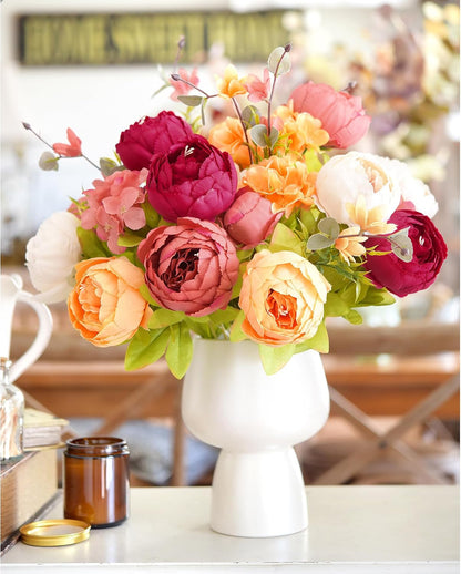 Peach, Coral, Cream & Burgundy Artificial Peony Set of 2