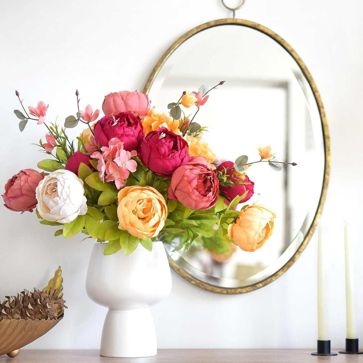 Peach, Coral, Cream & Burgundy Artificial Peony Set of 2