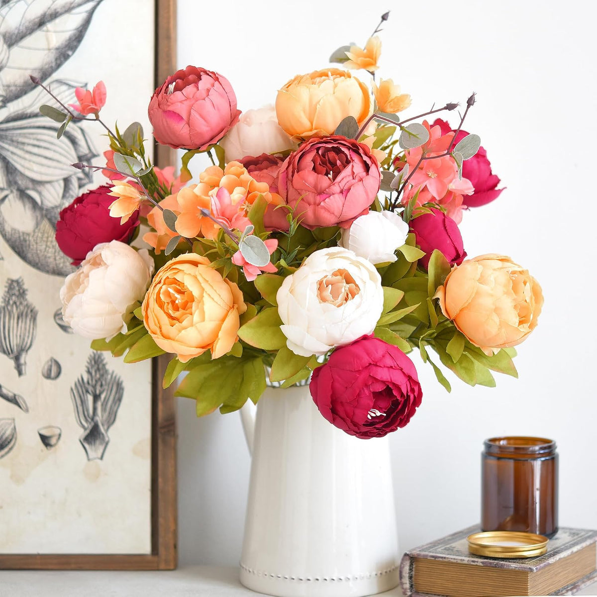 Peach, Coral, Cream & Burgundy Artificial Peony Set of 2