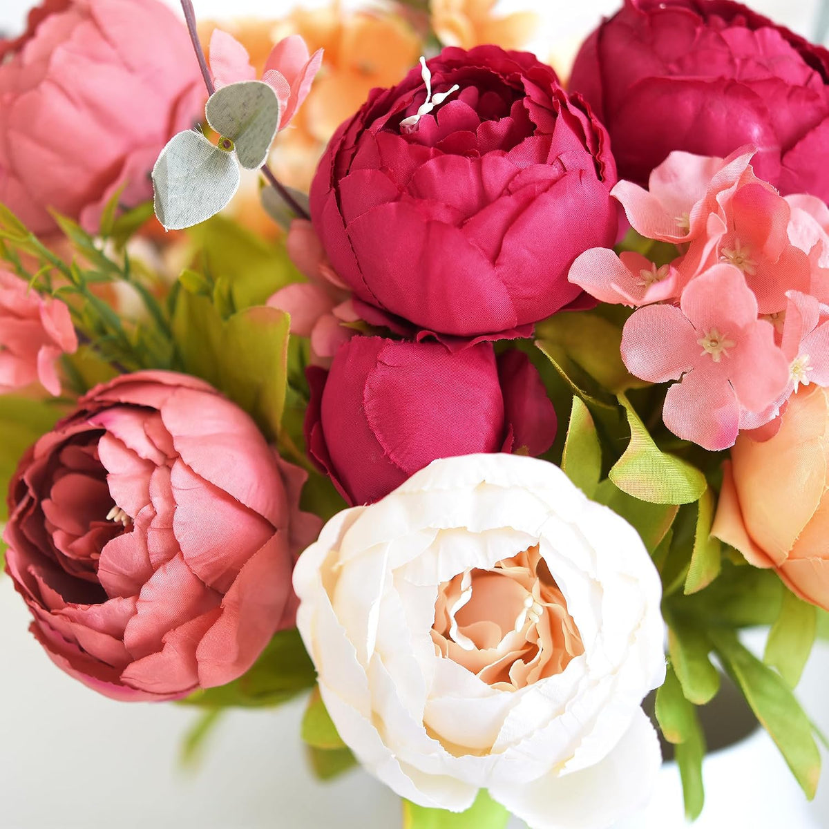 Peach, Coral, Cream & Burgundy Artificial Peony Set of 2
