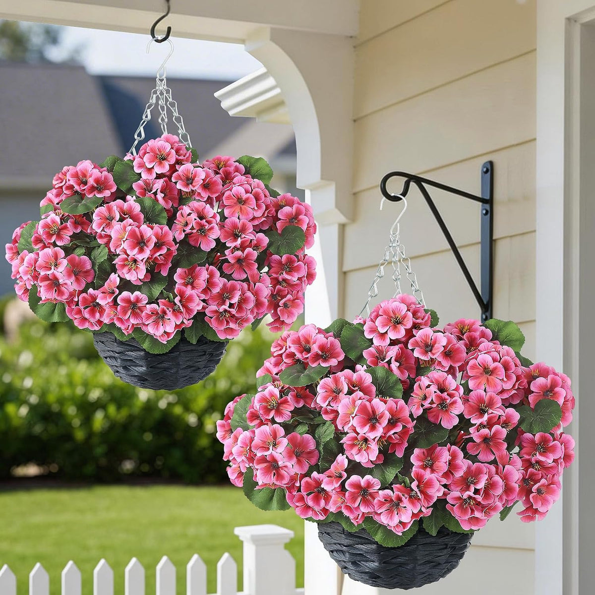 2 Set Artificial Geranium Flower Hanging Basket for Porch Decor(Peach Pink)