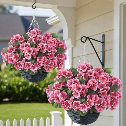 2 Set Artificial Geranium Flower Hanging Basket for Porch Decor(Peach Pink)