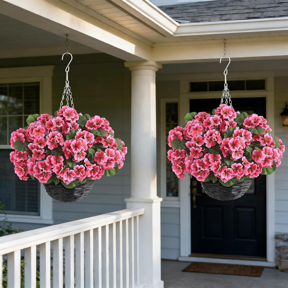 2 Set Artificial Geranium Flower Hanging Basket for Porch Decor(Peach Pink)