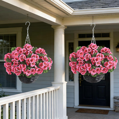 2 Set Artificial Geranium Flower Hanging Basket for Porch Decor(Peach Pink)