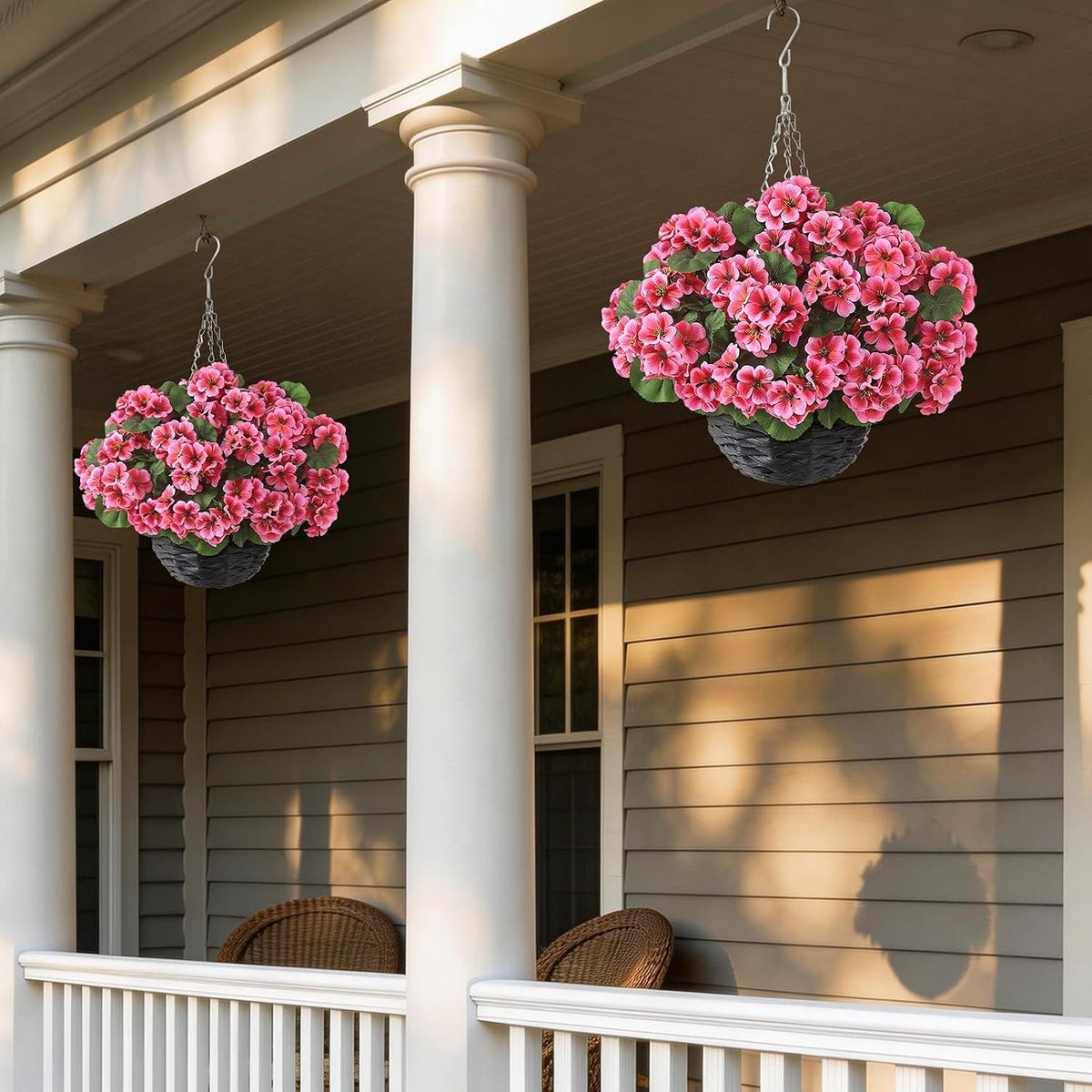 2 Set Artificial Geranium Flower Hanging Basket for Porch Decor(Peach Pink)