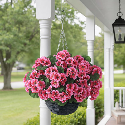 2 Set Artificial Geranium Flower Hanging Basket for Porch Decor(Peach Pink)