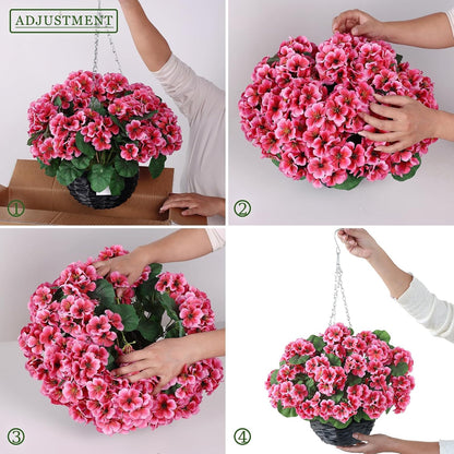 2 Set Artificial Geranium Flower Hanging Basket for Porch Decor(Peach Pink)