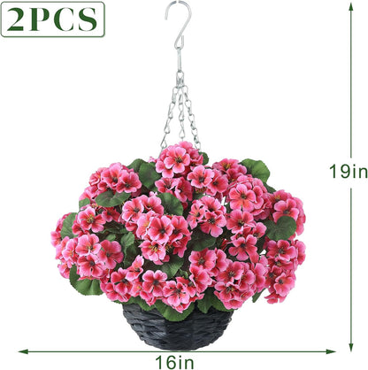 2 Set Artificial Geranium Flower Hanging Basket for Porch Decor(Peach Pink)