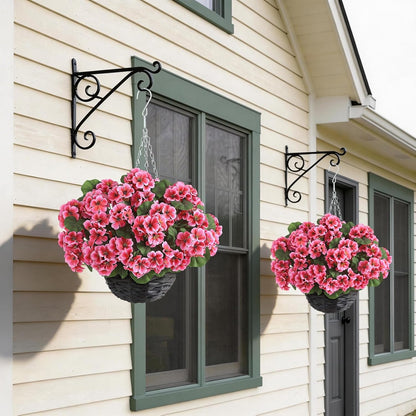 2 Set Artificial Geranium Flower Hanging Basket for Porch Decor(Peach Pink)