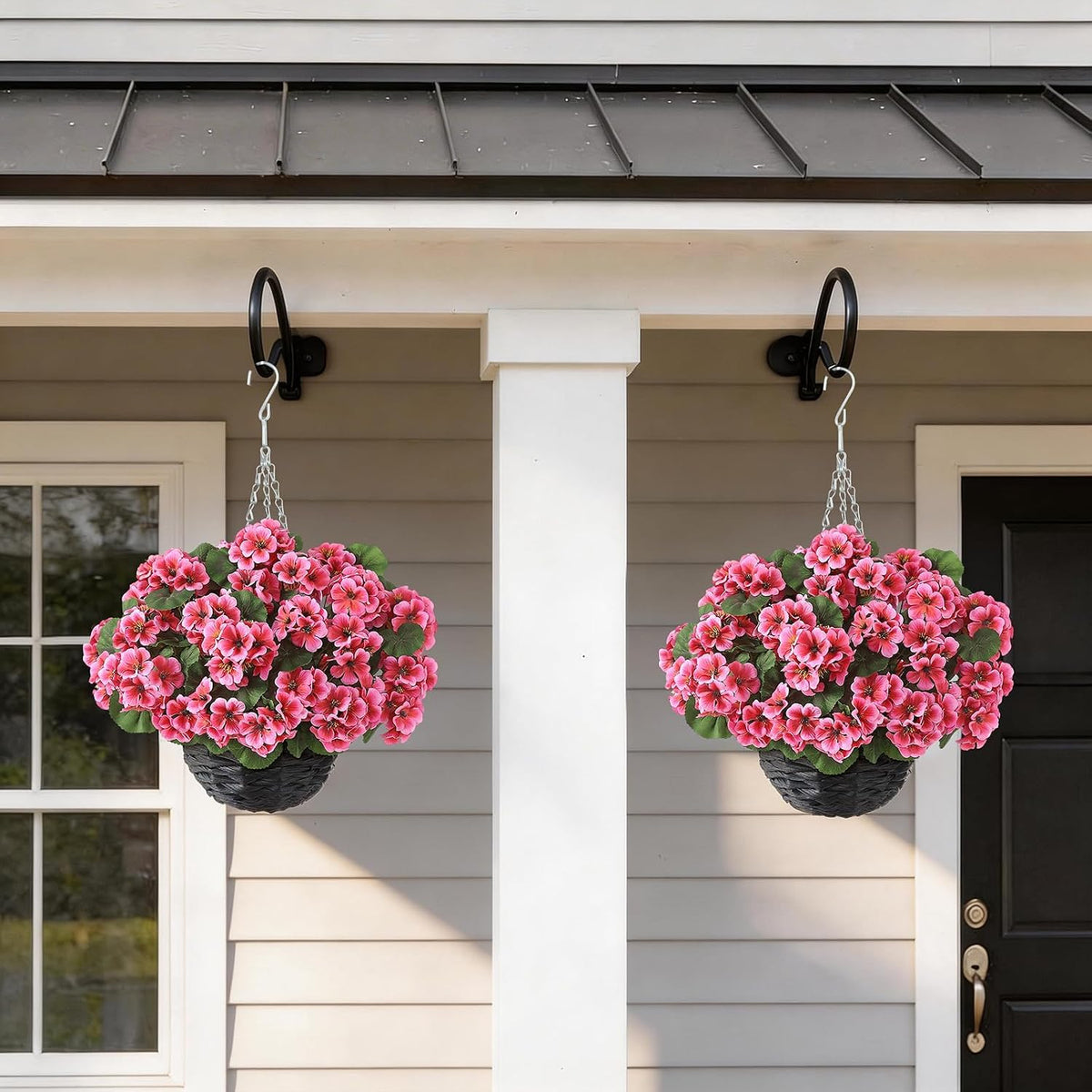 2 Set Artificial Geranium Flower Hanging Basket for Porch Decor(Peach Pink)