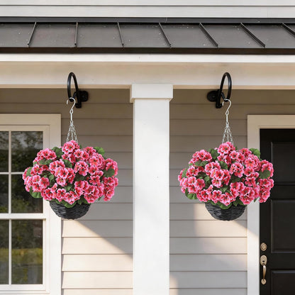 2 Set Artificial Geranium Flower Hanging Basket for Porch Decor(Peach Pink)