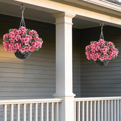 2 Set Artificial Geranium Flower Hanging Basket for Porch Decor(Peach Pink)