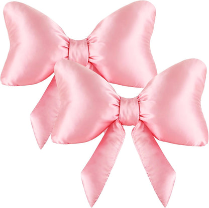 Big Blue Bow Throw Pillow, Satin Breathable Neck Support Cushion, Smooth Encased Soft Filling, Decorative Bow Shaped Pillow for Enhanced Room Ambiance, 23.6×13.8" (2PINK-2)