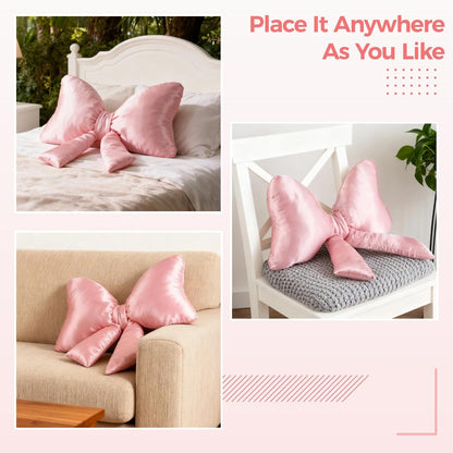 Big Blue Bow Throw Pillow, Satin Breathable Neck Support Cushion, Smooth Encased Soft Filling, Decorative Bow Shaped Pillow for Enhanced Room Ambiance, 23.6×13.8" (2PINK-2)