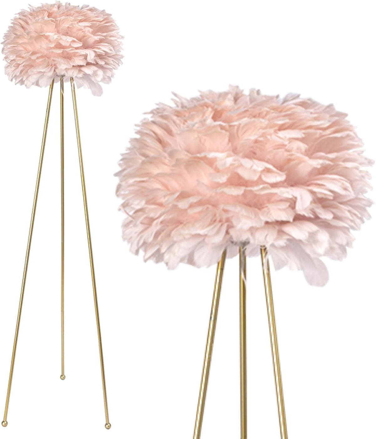 Feather Floor Lamp, Tripod Floor Lamp with Pink Feather Shade, Standing Light for Bedrooms/Dining Room/Living Room/Kitchen,Gold Classic