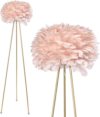 Feather Floor Lamp, Tripod Floor Lamp with Pink Feather Shade, Standing Light for Bedrooms/Dining Room/Living Room/Kitchen,Gold Classic