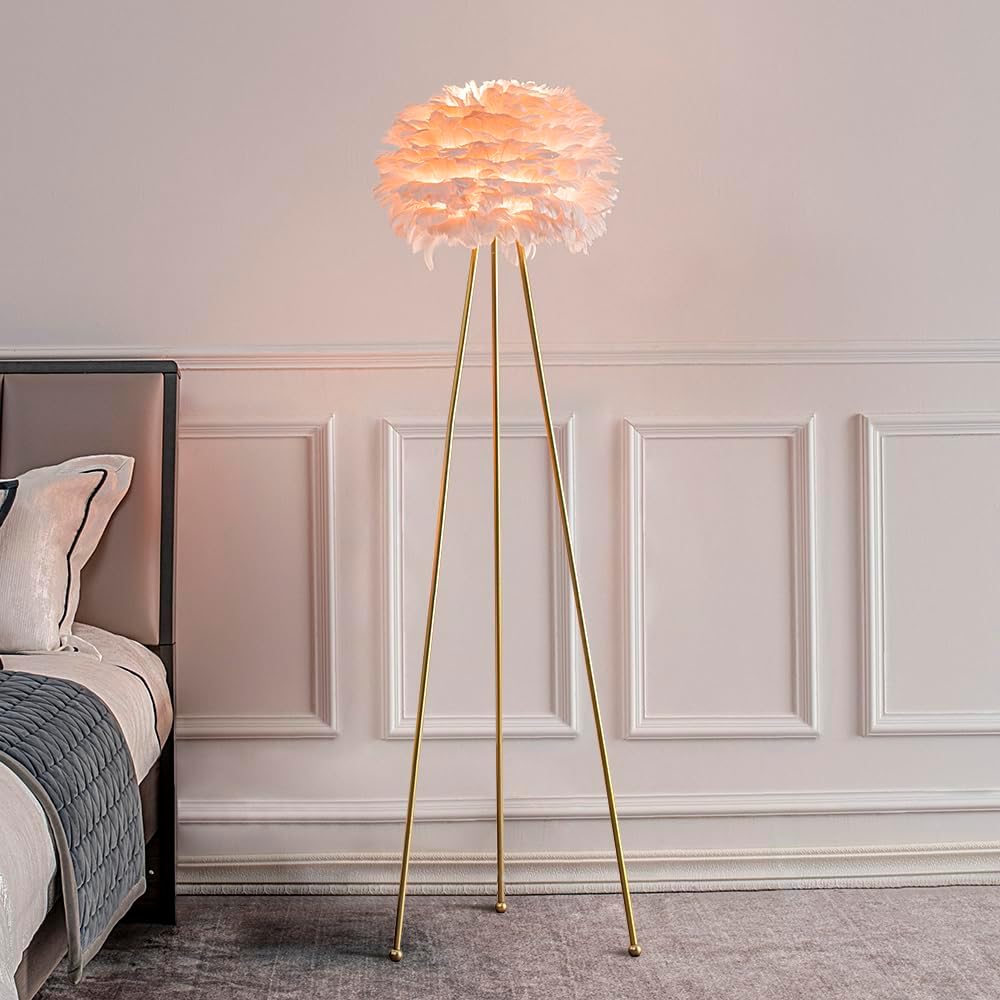 Feather Floor Lamp, Tripod Floor Lamp with Pink Feather Shade, Standing Light for Bedrooms/Dining Room/Living Room/Kitchen,Gold Classic