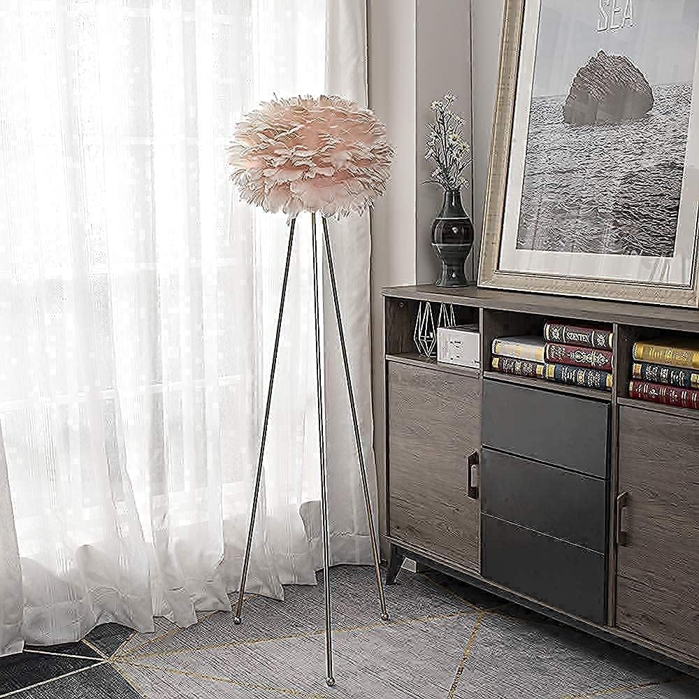 Feather Floor Lamp, Tripod Floor Lamp with Pink Feather Shade, Standing Light for Bedrooms/Dining Room/Living Room/Kitchen,Gold Classic