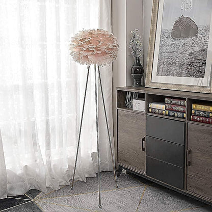 Feather Floor Lamp, Tripod Floor Lamp with Pink Feather Shade, Standing Light for Bedrooms/Dining Room/Living Room/Kitchen,Gold Classic