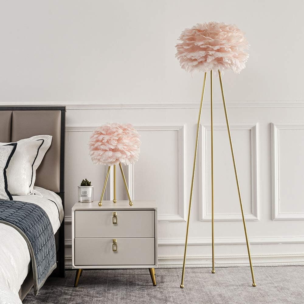 Feather Floor Lamp, Tripod Floor Lamp with Pink Feather Shade, Standing Light for Bedrooms/Dining Room/Living Room/Kitchen,Gold Classic