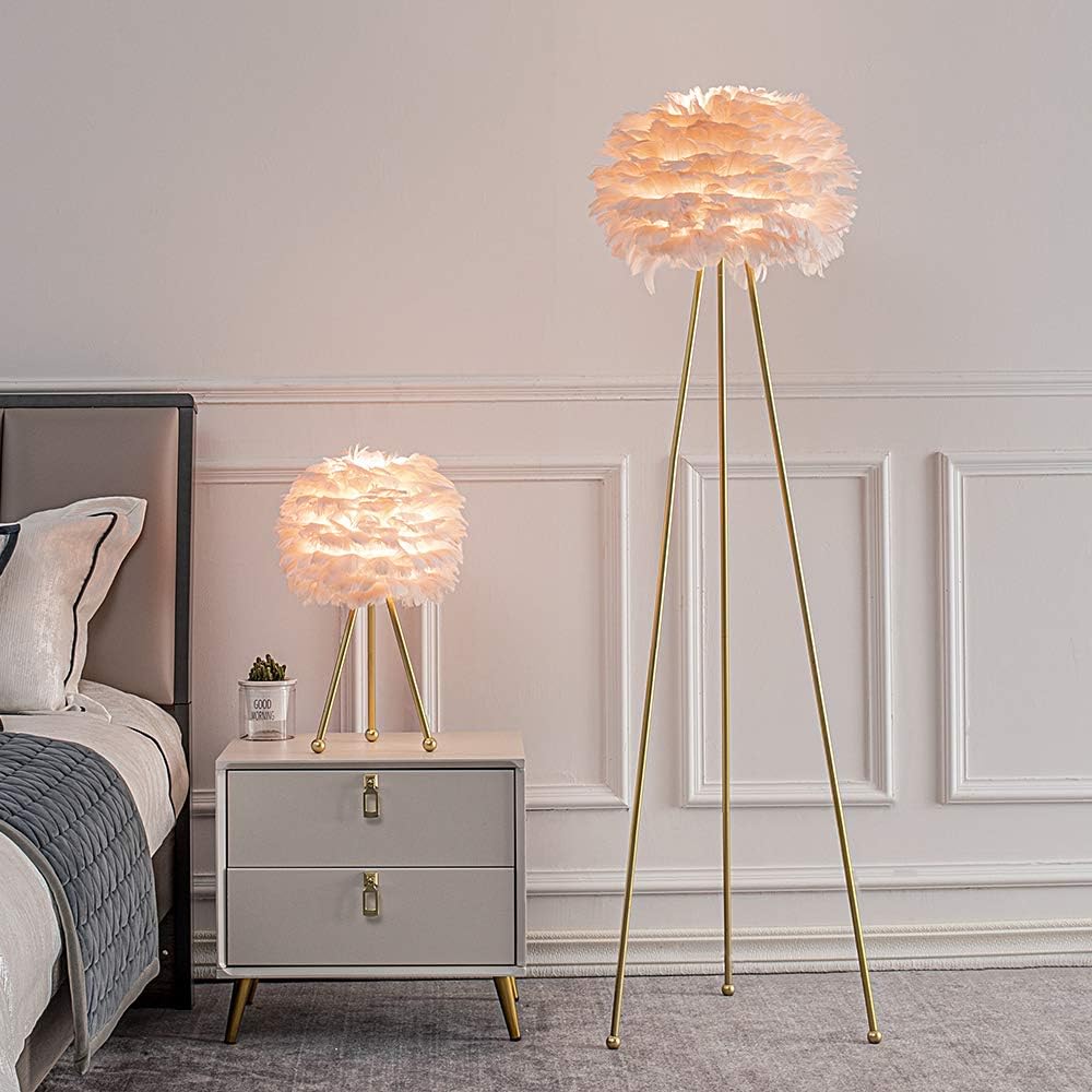 Feather Floor Lamp, Tripod Floor Lamp with Pink Feather Shade, Standing Light for Bedrooms/Dining Room/Living Room/Kitchen,Gold Classic