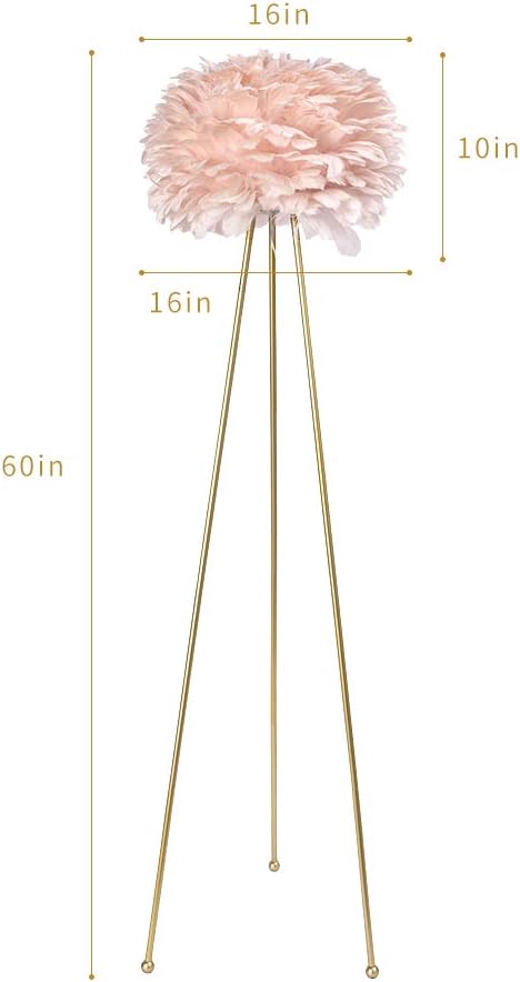 Feather Floor Lamp, Tripod Floor Lamp with Pink Feather Shade, Standing Light for Bedrooms/Dining Room/Living Room/Kitchen,Gold Classic