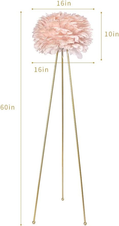 Feather Floor Lamp, Tripod Floor Lamp with Pink Feather Shade, Standing Light for Bedrooms/Dining Room/Living Room/Kitchen,Gold Classic