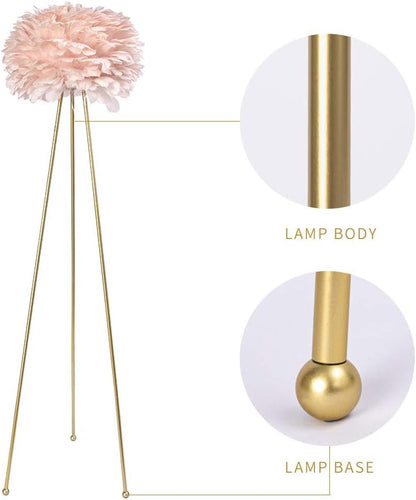 Feather Floor Lamp, Tripod Floor Lamp with Pink Feather Shade, Standing Light for Bedrooms/Dining Room/Living Room/Kitchen,Gold Classic