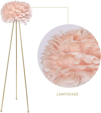 Feather Floor Lamp, Tripod Floor Lamp with Pink Feather Shade, Standing Light for Bedrooms/Dining Room/Living Room/Kitchen,Gold Classic