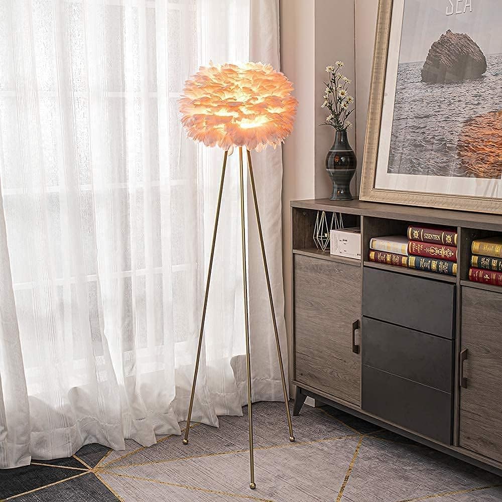Feather Floor Lamp, Tripod Floor Lamp with Pink Feather Shade, Standing Light for Bedrooms/Dining Room/Living Room/Kitchen,Gold Classic